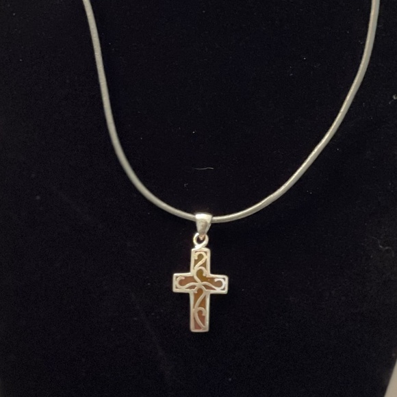 Silver Crystal Cross and Pink tone and Leather Chord 15" Necklace - Picture 3 of 4